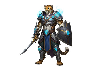 A powerful anthropomorphic cheetah warrior stands ready, clad in detailed, stylized armor, holding a long blade and a large shield, radiating strength and determination against a dark background.