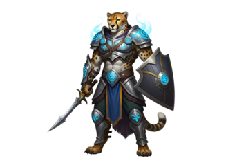 A powerful anthropomorphic cheetah warrior stands ready, clad in detailed, stylized armor, holding a long blade and a large shield, radiating strength and determination against a dark background.