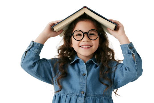 Little girl wearing glasses holding book on her head