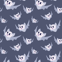 Seamless, repeating pattern of whimsical cartoon bats with smiling faces on a dark background. The light blue and purple bats are perfect for a spooky but fun design for kids.