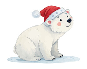 Watercolor Polar Bear in Santa Hat Christmas vector illustration isolated on white background