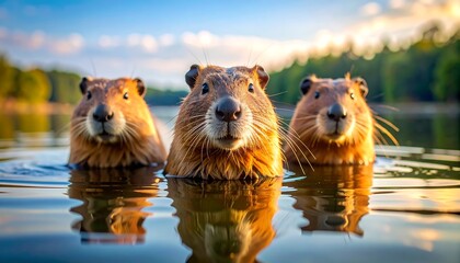 Three beavers in a lake