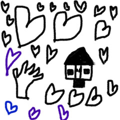 Hand drawn house and hearts isolated on transparent background in black and white