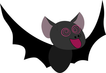 Silly cartoon bat with large, pink spiral eyes and a tongue sticking out. Funny character design, perfect for fun Halloween graphics or stickers for kids.