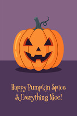 Smiling Halloween Pumpkin with Happy Pumpkin Spice Greeting on purple background. Greeting card. Vector illustration.