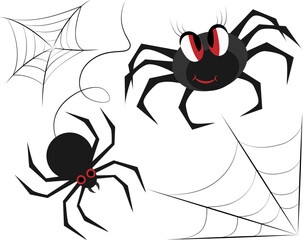 Set of cartoon spiders and spiderwebs with eyelashes and a smile. The black and red designs, perfect for Halloween clip art or decorations.