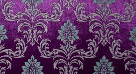 Fototapeta premium Elegant vintage damask pattern in luxurious shades of purple and teal with intricate silver details and a rich, textured background