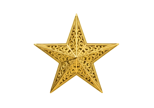 A detailed, ornate gold star, intricately designed, stands out against a stark black background.