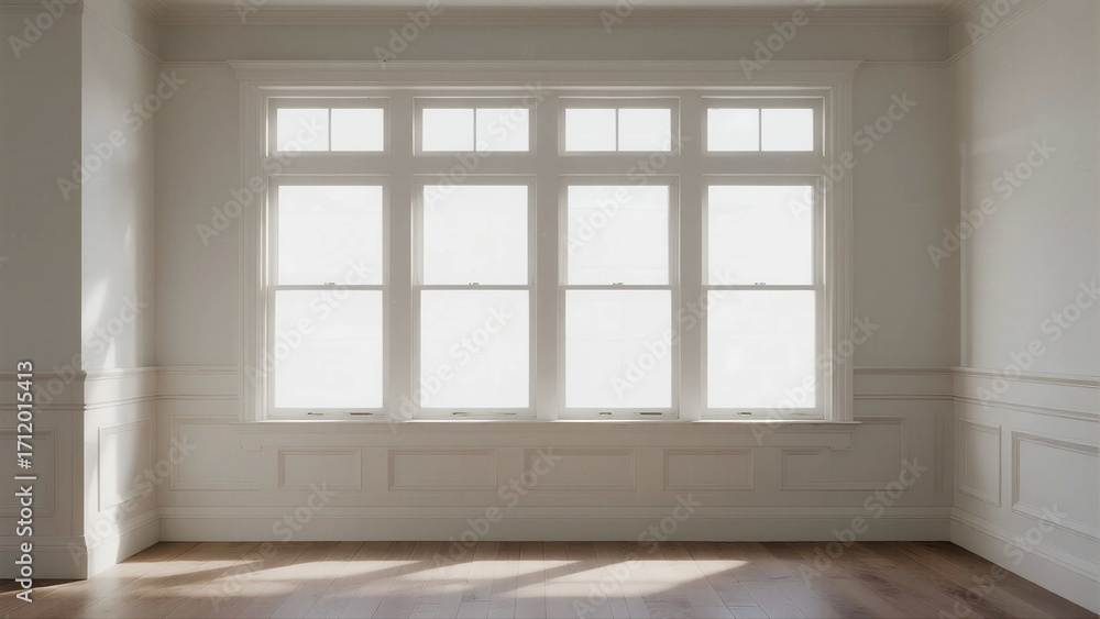 Poster bright and empty room with large windows and white walls