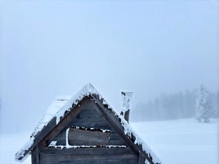 close up of snow covered wooden house against an alpine winter landscape with a snowy pine forest in the distance