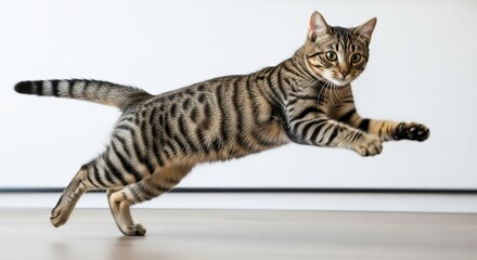 Graceful tabby cat leaping mid-air with playful energy in home, a vibrant pet full of life and motion
