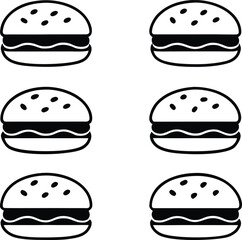 Six minimalist black and white vector hamburger icons arranged in two columns food fast food