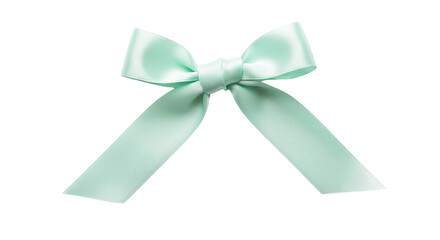 Fototapeta premium Mint green satin ribbon bow, elegant pastel silk bow tie for gift wrapping, decorative light teal fabric knot isolated on white background