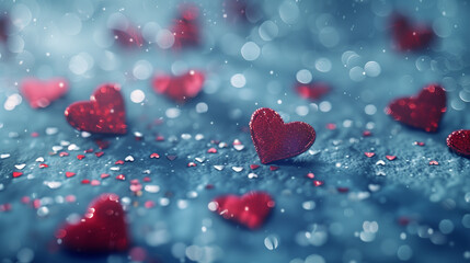 Shimmering Red Hearts Scattered on a Blue Surface for a Romantic Celebration. Sparkling red hearts lay scattered on a textured blue surface, surrounded by glittery confetti, creating a festive atmosph