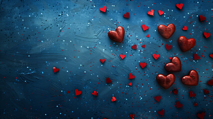 Shimmering Red Hearts Scattered on a Blue Surface for a Romantic Celebration. Sparkling red hearts lay scattered on a textured blue surface, surrounded by glittery confetti, creating a festive atmosph