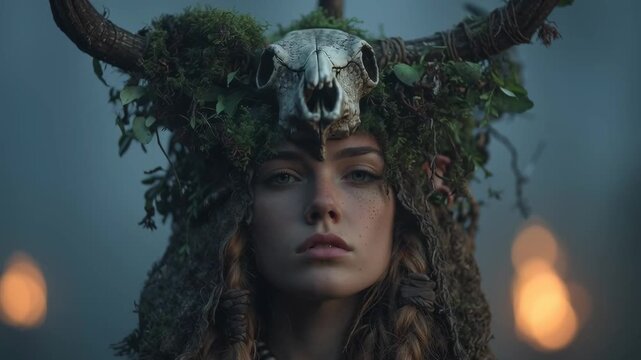 Young woman portrait, shaman with ritualistic animal skull and mossy antlers on head. Spiritual pagan warrior concept footage.