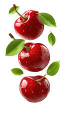 Three Red Cherries with Green Leaves on Transparent Background