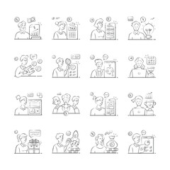 A set of hand drawn illustrations depicting various business processes and collaboration scenarios.
