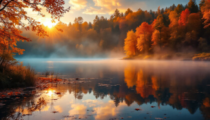 Autumn Sunrise Over Misty Lake with Colorful Trees