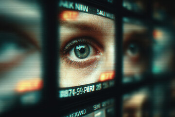 Macro view of human eye looking from multiple digital screens with colorful light. Concept of technology, media consumption and online surveillance