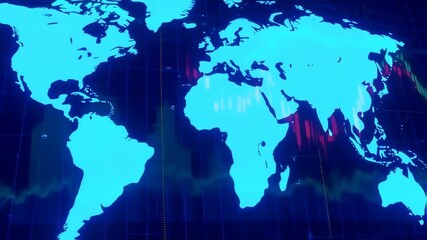 World map with glowing outlines and overlaid financial data - Powered by Adobe