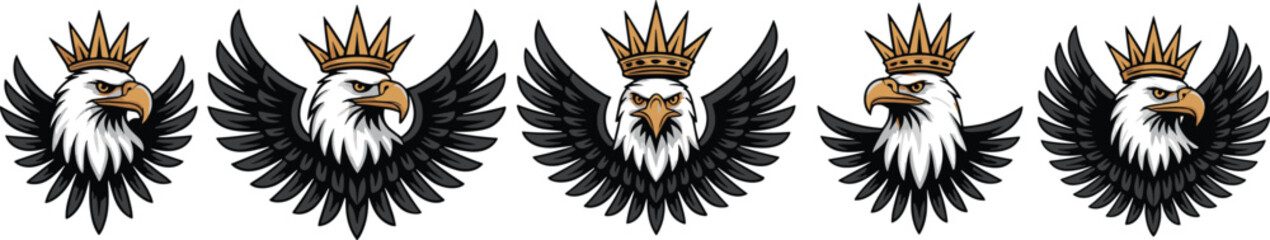 Crowned eagle illustrations, winged royalty, heraldic bird, fierce expression, black and white, gold crown, power symbol, noble icon, graphic emblem, flight pose