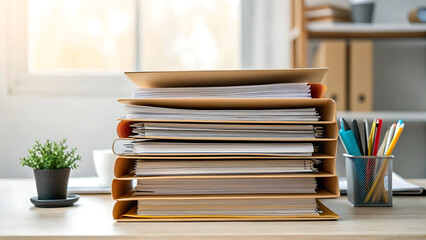 Organized File Folders on Desk with Plant and Pencil Holder – Office Setup