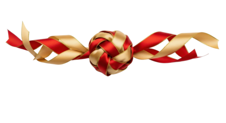 Isolated Woven Red and Gold Ribbon Ball Decoration on White Background