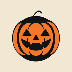 Minimalist vector illustration of a carved Halloween pumpkin with a smiling jack-o -lantern face in bright orange and black colors.