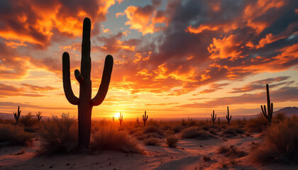 Majestic Saguaro Cactus Silhouetted Against a Vibrant Sunset