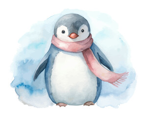 Watercolor Penguin with Scarf Christmas vector illustration 