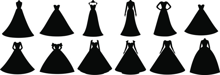 Dress silhouettes, formal gown icons, fashion design, black illustration, neckline variety, skirt shape, evening wear, stylish attire, wardrobe inspiration, elegant pose
