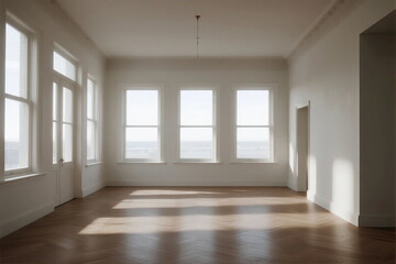 Empty room with large windows and wooden floor