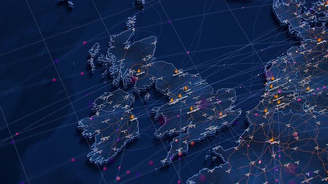 Great Britain map big data visualization. Futuristic digital map with data flow transfer routes. Visual global trade data map. International shipping roadmap