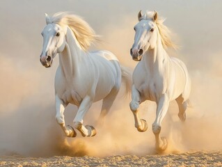 Naklejka premium Majestic white horses run gracefully through golden dust at sunset in an open field