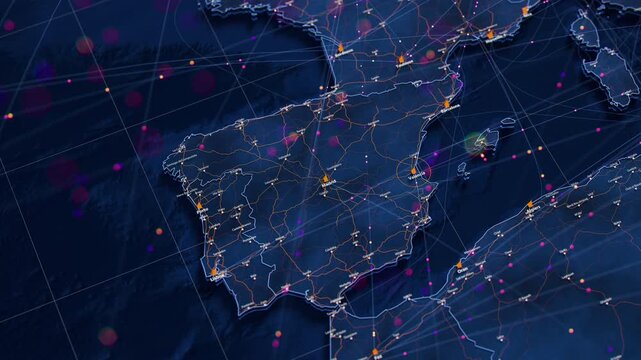 Spain map big data visualization. Futuristic digital map with data flow transfer routes. Visual global trade data map. International shipping roadmap