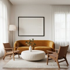 Modern living room with mustard velvet sofa and wooden armchairs