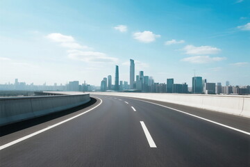 Fototapeta premium Smooth highway leading to modern city skyline under clear blue sky