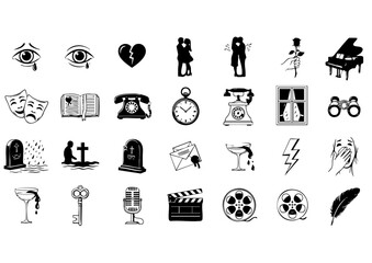 Romance and Drama Icon Collection, Love, Loss, and Emotions Symbols, Artistic Drama and Romance Vector Set