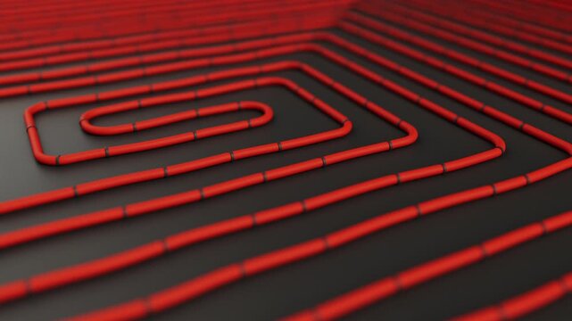 Red pipes on dark floor. Construction of underfloor heating system. Animation of water pipes for house warming.