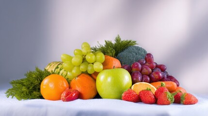 banana. A vibrant arrangement of fresh fruits and vegetables, artfully composed under natural daylight. menu design, packaging mockups, designed for food delivery and cloud-kitchen brand materials.