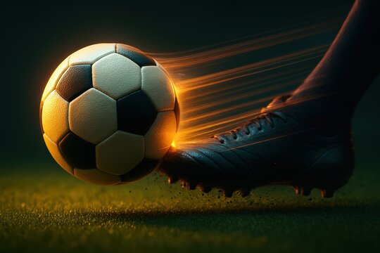 Soccer ball being powerfully kicked on grass. Use for sports marketing, fitness campaigns, team promotions, and competitive tournament ads. 
