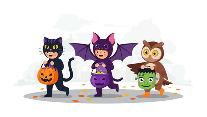 Enchanting Halloween Parade: Three children dressed in captivating costumes, each clutching a decorative basket, embark on a spooky journey, filled with excitement for the upcoming festivities. 