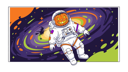 Fototapeta premium Pumpkin Astronaut in Space: A whimsical illustration features a pumpkin-headed astronaut floating through the vast expanse of space, accompanied by a whimsical witch and cosmic elements.