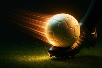 Fototapeta premium Strong soccer ball strike in action. Use for competitive football ads, fitness promotions, athletic branding, and sports apparel campaigns. 