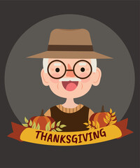 Thanksgiving Face Grandfather and Pumpkin Leaves