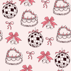 Hand drawn whimsical coquette seamless pattern. Vintage background with bows, cake, disco ball and cherry for wedding invitation, valentine day. Vector romantic wallpaper, wrapping paper, textile