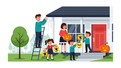 Spirited Halloween Decoration: A family decorates their house for Halloween. Joyful children hold carved pumpkin lanterns. Father on ladder, mother. A perfect capture for seasonal, holiday scenes