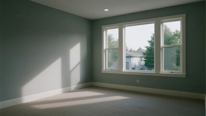 Empty room with large windows and light-colored walls