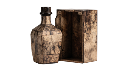 Aged bottle in wooden box, intricate design